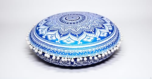 CRAFT KALA 32" Large Round Bohemian Floor Pillow Cover Boho Pouf Cover Mandala Meditation Room Pillows Cover Adults Seating Poufs Cushion Cover for Kids Reading Playroom Blue Ombre - color: Blue Ombre