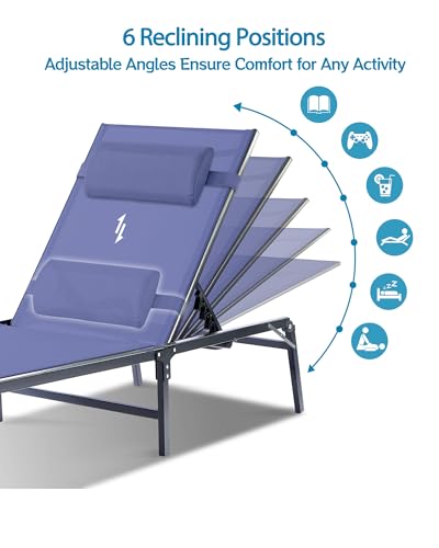 4 Pack Foldable Chaise Lounge Chair with Cup Holder, Assemble-Free Outdoor Lounge Chair with Detachable Pillow and 6 Adjustable Backrest, Patio Lounge Chair for Outside Poolside Beach Pool, Blue - color: Blue, size: 4-Pack