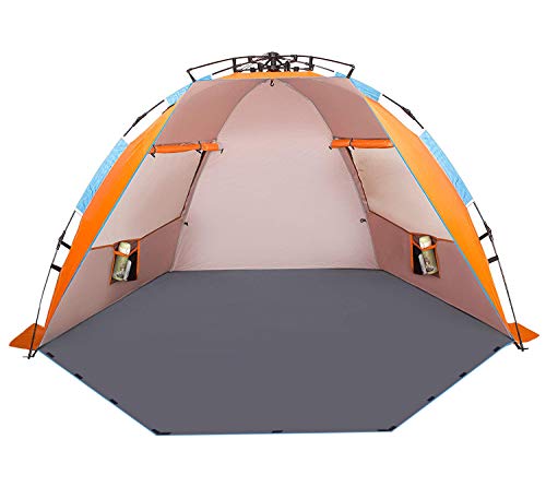 Oileus X-Large 4 Person Beach Tent Sun Shelter - Portable Sun Shade Instant Tent for Beach with Carrying Bag, Stakes, 6 Sand Pockets, Anti UV for Fishing Hiking Camping, Waterproof Windproof, Orange - color: Orange