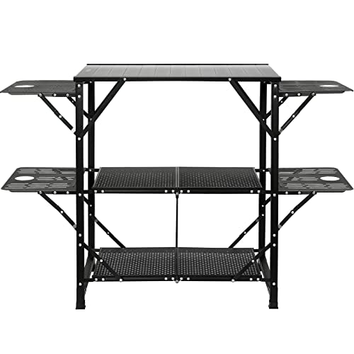 VEVOR Camping Kitchen Table, Aluminum Folding Portable Outdoor Cook Station with 4 Iron Side, 2 Shelves & Carrying Bag, Quick Installation for Picnic BBQ Beach Traveling