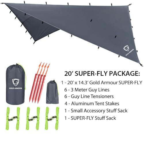 Gold Armour Rainfly Tarp Hammock, Premium 20ft x 14.3ft Rain Fly Cover, Waterproof Ultralight Camping Shelter Canopy, Must Have Camping Accessories Camping Essential (Gray) - color: Gray