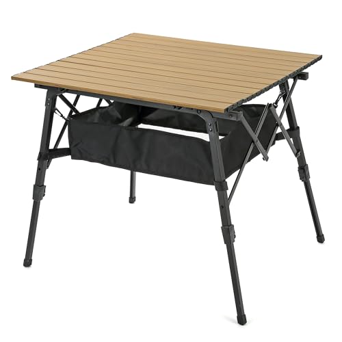 ARROWHEAD OUTDOOR 39" Aluminum Folding Camp Roll Up Table w/Adjustable Height, Undertable Mesh Storage, Carry Bag - color: Wood Grain