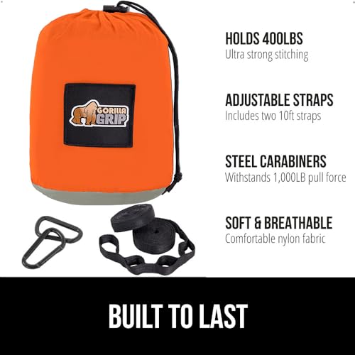 GORILLA GRIP Durable Camping Hammock with Heavy Duty Tree Straps, Portable Hammocks for Outside, Easy to Use Travel Swing Chair, Outdoor Camper Hiker Essentials, Backpacking Gear Gifts, Single, Orange - color: Orange/Grey, size: Single (9' x 4.5')