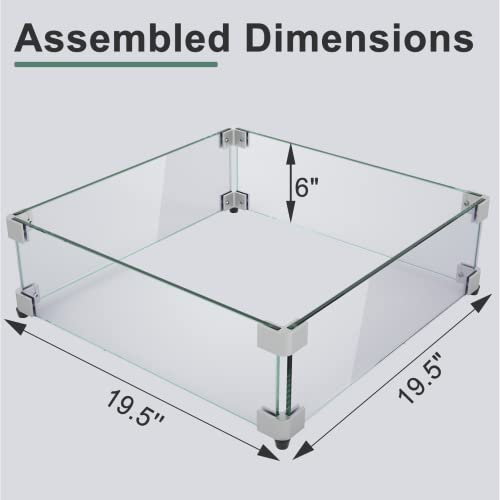 GASPRO 19.5 Inch Glass Wind Guard for Square Fire Pit Table, Thick and Sturdy Tempered Glass Panel with Hard Aluminum Corner Bracket & Rubber Feet, Easy to Assemble - size: 19" x 19" x 6"