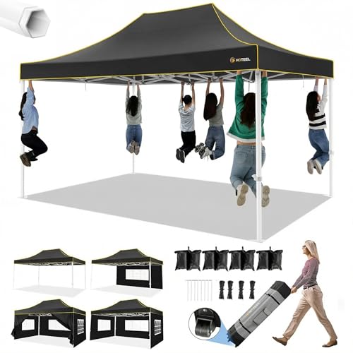 HOTEEL 10x15 Heavy Duty Pop up Canopy Tent for Parties with 4 Sidewalls, Easy Setup Outdoor Commercial Instant Gazebo for Wedding Event, with Roller Bag & Sand Bags, Black(Hexagonal Frame) - color: Black, size: 10x15FT (+4 Walls)
