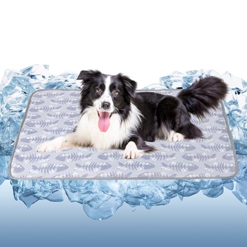 DELIFUR Dog Cooling Mat- Pet Cooling Mat Outdoor for Dogs Ice Pad for Puppy Small Medium Dog Machine Washable (Large, Grey Fishbone) - color: Grey Fishbone, size: L: 38.5" x 27.5"