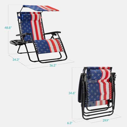 Best Choice Products 30” Wide Folding Zero Gravity Outdoor Recliner Patio Lounge Chair w/Adjustable Canopy Shade, Headrest, Side Accessory Tray - American Flag - color: American Flag, size: Oversized Extra Wide
