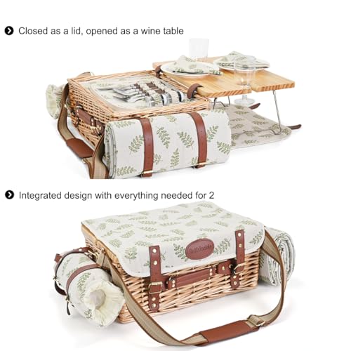 Multifunctional Wicker Picnic Basket Set for 2 with Blanket and Picnic Table, Insulated Picnic Set with Full Tablewares for Camping Outdoor Couples,Leaf - color: Leaf With Blanket &Table for 2