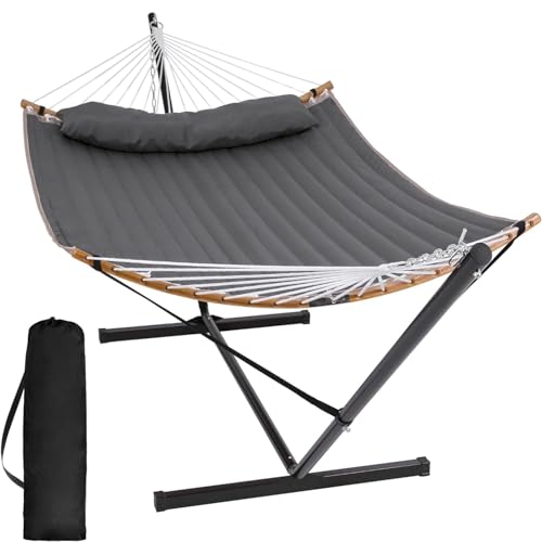 SUNCREAT Double Portable Hammock with Stand, 2 Person Hammock with Curved Spreader Bar, Balance Ropes Included, Dark Gray - color: Dark Gray