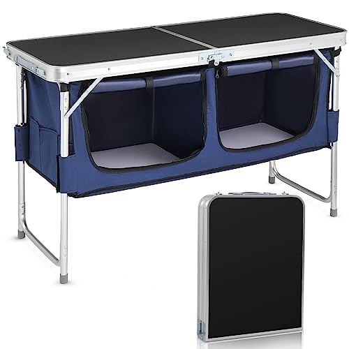 VINGLI 4 Ft Folding Table, Aluminum Camping Table, Picnic Table with Storage, Adjustable Height for Outdoor Beach BBQ Backyards Travel Party (Black ＆ Blue) - color: Black ＆ Blue
