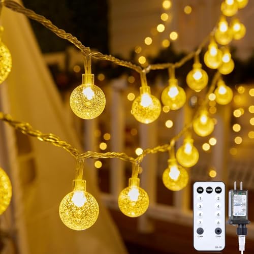 Minetom Globe String Lights - Plug in 33 ft 100 LED Crystal Globe Fairy Lights with 8 Lighting Modes and Remote for Patio Yard Porch Garden Pool Tent Beach Bedroom Wedding Party Decor, Warm White - color: 33 FT - Warm White