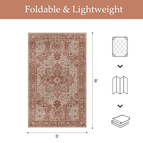 GENIMO Outdoor & Indoor Area Rug 5'x8', Waterproof, Non-Shedding, Easy Cleaning, Boho Mat for Patio, Living Room, Balcony, Dining Room, RV, Deck, Bedroom, Camping, Outside Carpet,Brown Red - color: Brown Red, size: 5' x 8' (Rectangular)