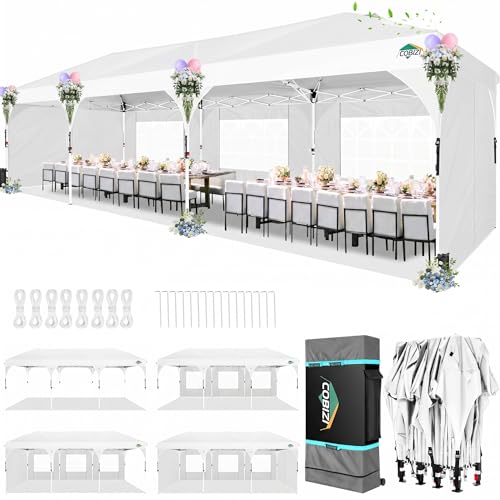 COBIZI 10x30 Pop Up Canopy Tent with Patented Center-Lock, Easy Setup Party Tent with 5 Removable Sidewalls, Wheeled Bag, Ventilated Top, for Wedding Backyard Event, White - color: White, size: 10x30ft With 5 Sidewalls