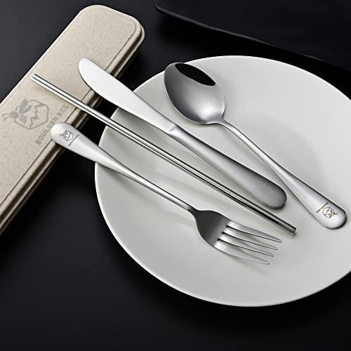 Boulder Bee | Travel Utensils Set | Reusable Camping Cutlery Set | Stainless Steel Flatware Set | Portable Silverware Set with Case | Includes Knife/Fork/Spoon/Straw/Cleaning Cloth/Case (Silver) - color: Silver