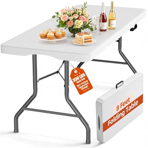 8 Foot Folding Table 350 LBS Heavy Duty, 18% Thicker HDPE Waterproof Top, Portable Fold in Half with Carry Handle and Safety Locks, Reinforced Steel Frame for Indoor Outdoor Party Events - color: White-a, size: 8FT
