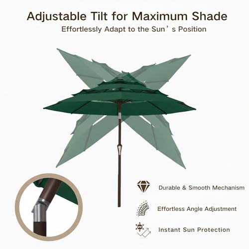 Kingdura 10ft 3-Tier Patio Umbrella, Outdoor Table Umbrella with Easy Crank & Tilt, 8 Reinforced Ribs, UV Protection for Deck, Pool, Market, Backyard (Dark green) - color: Dark green, size: 10 FT