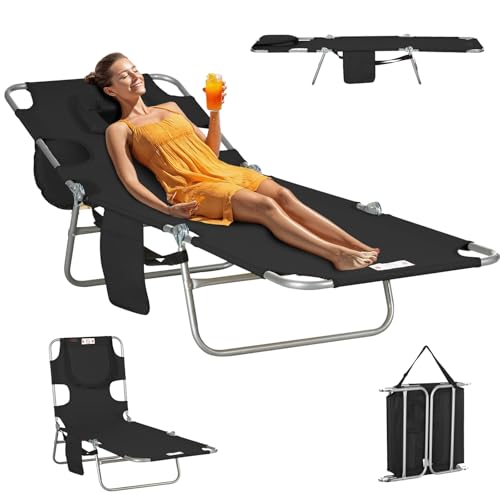 Majnesvon Folding Beach Lounge Chair with Face Hole and Arm Slots, 5-Level Adjustable Sun Lounger Tanning Chair with Pillow for Patio, Garden, Beach, Pool (Black) - color: Black
