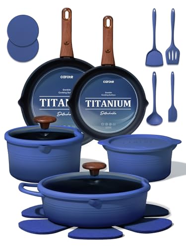 CAROTE 20Pcs Titanium Cookware Set, Pots and Pans Set Non Stick, Kitchen Cooking Set with Detachable Handle, Non Toxic Induction Cookware - Camping Cookware, Dishwasher/Oven Safe, Blue - color: Gradient Blue