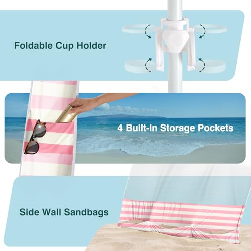 Rhino Valley Beach Cabana, 8 * 8FT Beach Tent UPF50+ Protection, Easy Setup Beach Canopy Wind Resistant with Cup Holder, Compact Beach Shade Foldable Beach Tent Sun Shelter, Pink & White Stripes - color: Pink & White Stripes