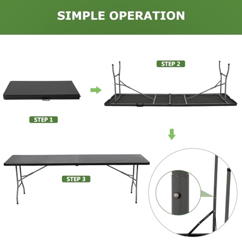 BestOffice 8 FT Picnic Table Folding Table Camping Plastic Table Fold Up Table Lock for Party Event, Black - color: Black, size: 8 FT 29"x94"