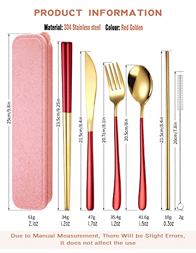 AARAINBOW 6 Pieces 18/8 Stainless Steel Flatware Set Portable Reusable Cutlery Set Travel Utensils Set Including Chopsticks Knife Fork Spoon Straws Cleaning Brush Dishwasher Safe (Red golden) - color: Red golden