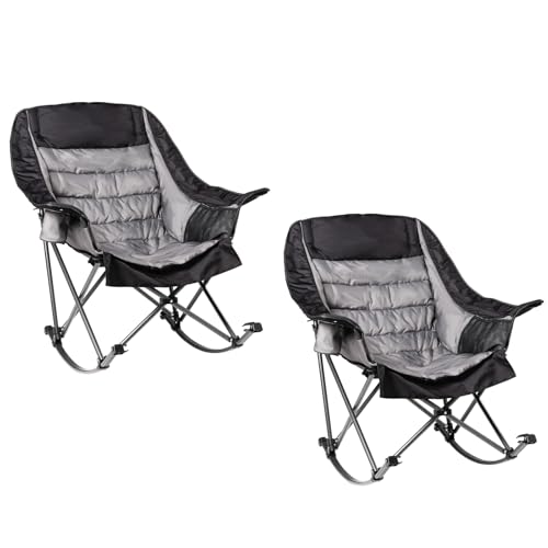 2 PCS Oversized Rocking Camping Chair for Adults - 400lbs Capacity Padded Camp Chair, Portable Foldable Outdoor Rocker Chair for Camping, Backyard, Patio (Black & Gray) - color: Black & Gray, size: 2 PCS
