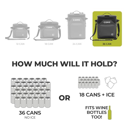 CORE Magnetic Leak Proof Soft Cooler with Waterproof Zipper | Insulated Bag Portable Ice Chest Box | Best Soft Cooler for Food & Beverages for Tailgating, Car Camping, Travel, and Family Beach Picnics - color: Charcoal, size: 36 Can