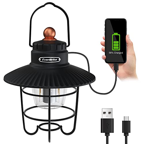 EverBrite LED Camping Lantern, USB C Rechargeable Lantern with 3 Light Modes, Vintage Outdoor Lanterns with Power Bank Function for Power Outages, Hurricane, Emergency, Fishing - color: Black