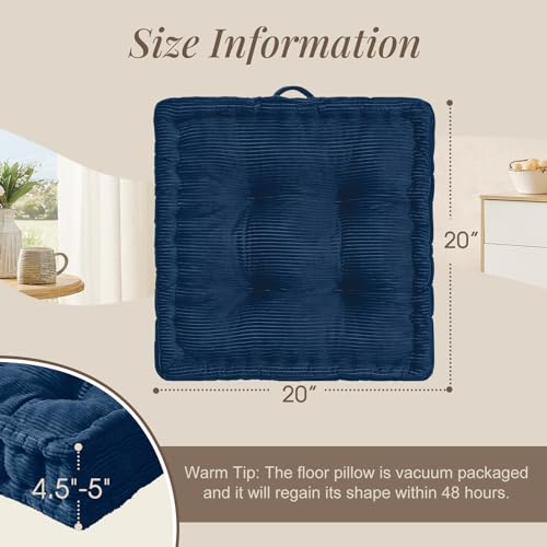 Wellsin Square Floor Pillows for Adults Kids - Meditation Floor Pillow Seating Cushion - Tufted Floor Cushion with Shredded Foam & Velvet Cover, 1 Pack, 20x20 Inch, Dark Blue - color: Navy Blue, size: 1 Pack (20"x20")