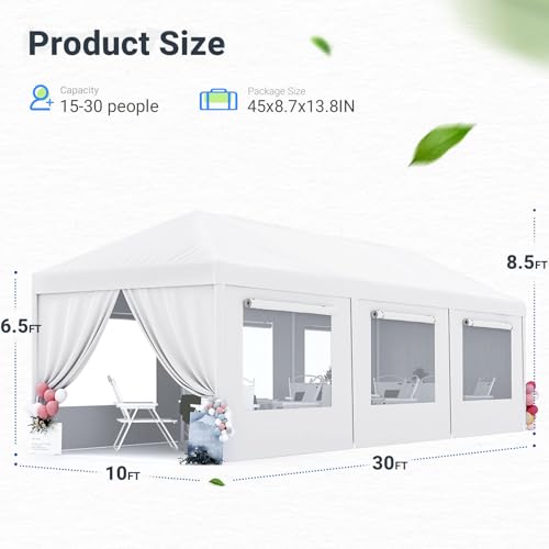 Quictent 10x30 Party Tent Gazebo Wedding Canopy Tent for Parties BBQ Shelter Pavilion with Removable Mesh Sidewalls & Elegant Church - size: 10' x 30' w/ 6 Mesh Sides