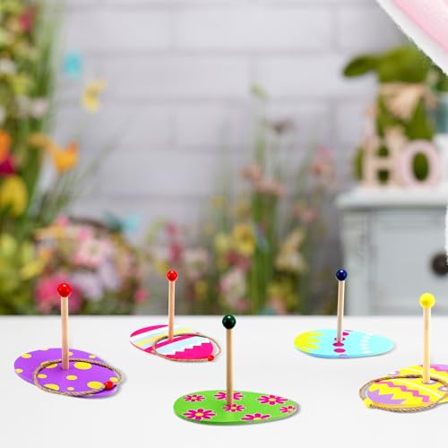 Kathfly 5 Set Easter Egg Ring Toss Game with 5 Targets Stands and 10 Rings Set Easter Egg Activities Toys Party Gifts for Indoor Outdoor Family Backyard Activity