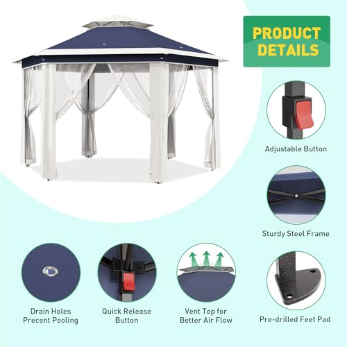 Takywep 13x13 ft Outdoor Gazebo Pop Up Canopy Tent, Heavy Duty Metal Frame, Double UV Protection, Privacy Screen Curtain, 3-Height Adjustable, Wheeled Bag & Ground Stakes for Backyard Patio Bule - color: Blue + Beige