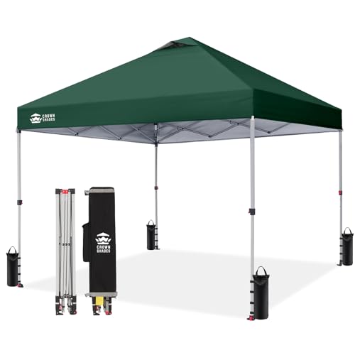 CROWN SHADES 10x10 Pop Up Canopy - Beach Tent with One Push Setup - Easy Outdoor Sun Shade for Events, Parties, Camping - Gazebo with STO-N-Go Cover Bag, Silver Coated Top, Forest Green - color: Forest Green, size: 10x10