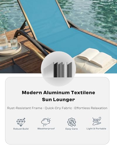 3-Piece Patio Chaise Lounge Set with Side Table, Set of 2 Adjustable Pool Chairs and Aluminum Bistro Table, All-Weather Outdoor Furniture for Pool Deck, Patio & Tanning, Sky Blue - color: Sky Blue, size: 3-Piece Set: 2 Chairs + 1 Table