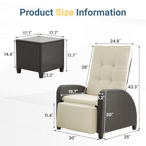 Green4ever Outdoor Patio Recliner with Adjustable Backrest and Footrest, All-Weather Wicker Patio Chair with Side Table, 160° Lay Flat Patio Reclining Lounge Chair for Garden Backyard, Beige - color: Beige, size: 2 Pieces