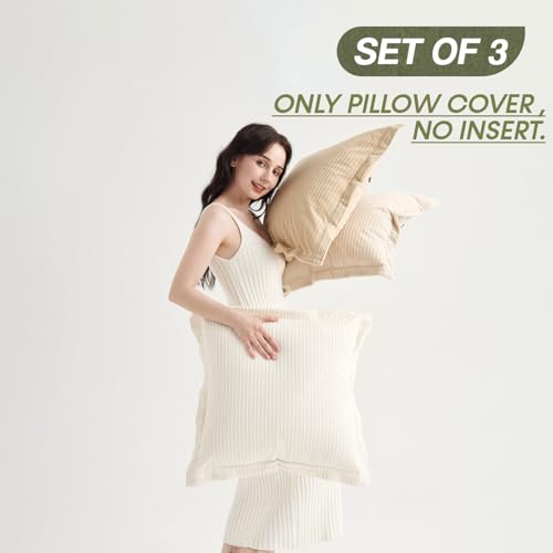 COCO TOP Set of 3 Decorative Vintage Throw Pillow Covers 20x20inch, Soft Striped Textured Corduroy Square Cushion Pillowcases for Modern Bedroom Living Room Farmhouse Decor(Camel, Beige & White) - color: Camel/Beige/White, size: 20" x 20" (Pack of 3)