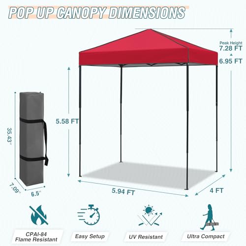 EAGLE PEAK 6x4 Instant Pop Up Canopy Tent, Straight Leg Sun Shelter, Portable Canopy with Carry Bag for Camping, Beach & Sports, Red - color: Red, size: No Wall