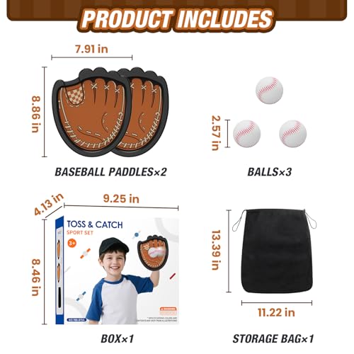 HYES Toss and Catch Ball Set, Outdoor Games for Kids, Beach Yard Camping Toys for Adult & Family, Kids Baseball Glove for 3 4 5 6 7 8+ Year Old Boys & Girls (2 Paddles & 3 Balls) - style: 2 pack