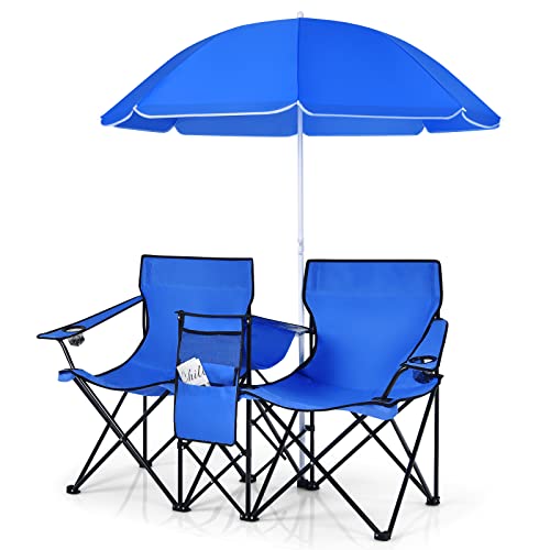LDAILY LUARANE Folding Double Camping Chair, Outdoor Picnic Chairs w/Removable Umbrella, Mini Table, Cup Holder & Carrying Bag, Portable Camping Loveseat for Patio, Pool, Lawn, Beach, Park (Blue) - color: Blue