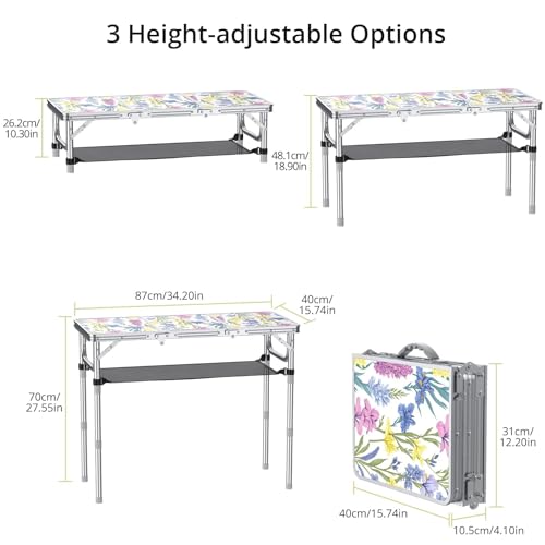 Anbte 3ft Folding Camping Table with Storage Net & Bag, 3 Adjustable Height Max 27.5" Outdoor Folding Table Lightweight, Portable Handle for Outdoor Indoor Camping Beach RV Picnic, Blooming Floral - color: Spring Blossom