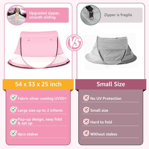 Baby Beach Tent, Pop Up Beach Tent Sun Shade for Beach, UPF 50+ UV Protection Sun Shelters for Infants with Carry Bag for Outdoor Travel, Camping(Pink) - color: Pink
