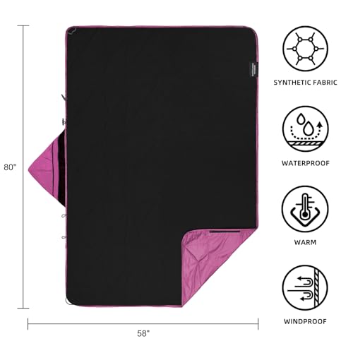 Large Outdoor Waterproof Blanket Extra Thick Fleece Stadium Blanket for Camping, Car, Pet, Picnics - Windproof, Wearable, Machine Washable 80" x 58" (Rose Purple,Hooded) - color: Hooded-rose Purple