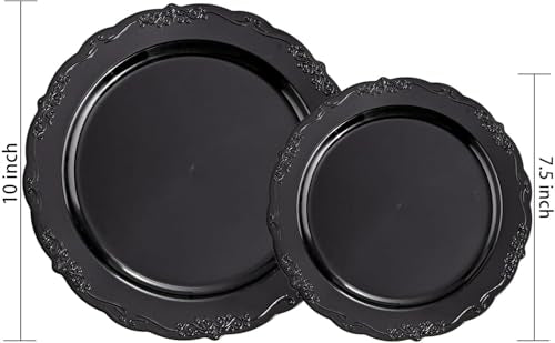 U-QE 100PCS Black Plastic Plates, Heavy Duty Black Plates Including 50PCS 10'' Dinner Plates & 50PCS 7.5'' Dessert Plate - Hard Plastic Plate for Party Wedding Bridal Shower - color: Black