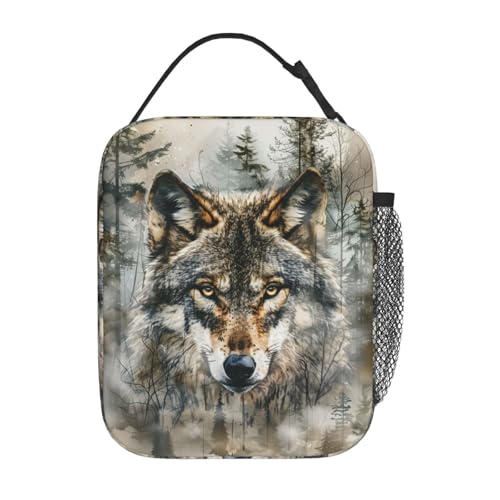 Reusable Cool Wolf Lunch Box for Kids Girls Boys Women Adult, Insulated Realistic Forest Lunch Bag,Polyester Cooler Animal Handbags Case for School Picnic Work Travel Beach or Hiking - color: Wolf 02