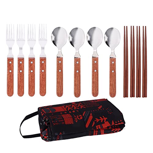 12 Pcs Stainless Steel Tableware Set | 4 Person Outdoor Cutlery with Wooden Handle | Dining Tools/Spoons/Chopsticks for Barbecue/Camping/Picnic | Includes Carrying Bag