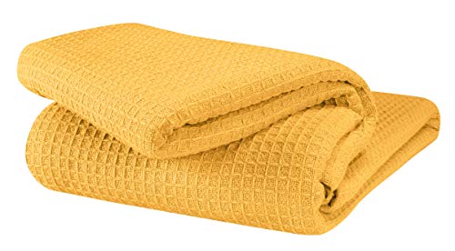 GLAMBURG 100% Cotton Thermal Bed Blanket, Breathable Waffle Blanket, Queen Size, All Season, Mustard Yellow - color: Mustard, size: Queen (90"x90")