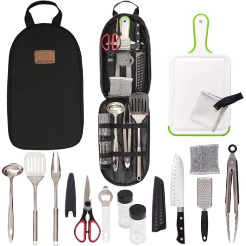 Camp Kitchen Utensil Organizer Travel Set Portable BBQ Camping Cookware Stainless Steel Utensils Travel Kit Outdoor Equipment Cutting Board Tongs Scissors Knife Ladle Spatula - color: New Version Black