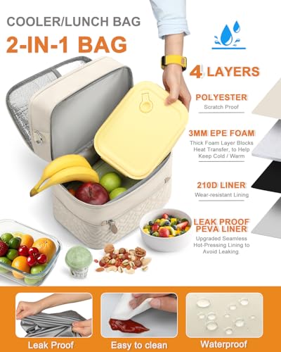 Capolo Lunch Box for Women Men Adults,Double Deck Insulated Lunch Bag Leakproof Lunch Cooler Box with Removable Strap Lunch Tote Bags Reusable Thermal Lunchbox for School Work Picnic(Large,Beige) - color: Beige, size: Large