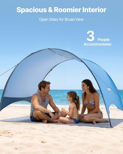 VEVOR Beach Tent Sun Shelter for 3 Person, UPF 50+, Portable Sun Shade Beach with Carrying Bag & Ground Stakes, Lightweight and Easy Setup Beach Umbrella for Camping Fishing Outdoor Picnic - size: 3 Person