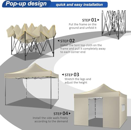 COBIZI 10x10 Heavy Duty Pop up Canopy with 4 Removable Sidewalls, Canopy Tent with Portable Bag, Pop up Tent Commercial Gazebo Waterproof Sunshade for All Weather Party Camp Stall Patio,Khaki - color: Khaki, size: 10x10ft